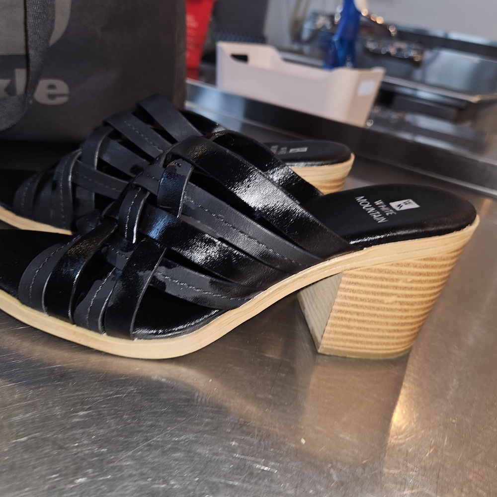 White Mountain Black Strappy Mules with Wooden Heel